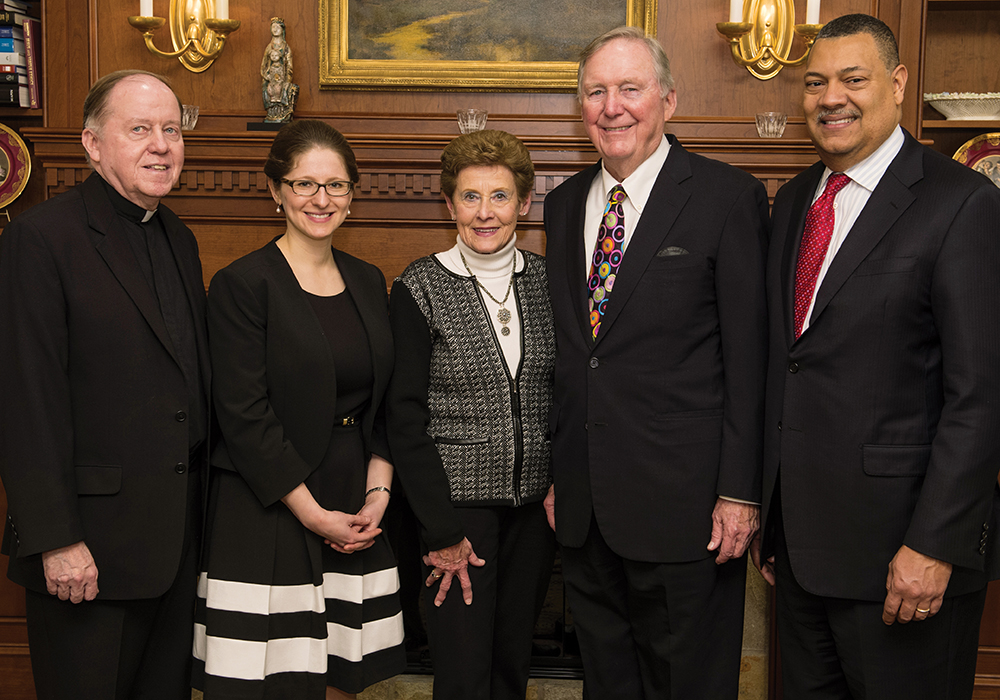 Celebrating the Donohue assistant professorship, from left, BC President William P. Leahy, SJ, Professor Natalya Shnitser, Pamela Donohue, David Donohue ’71, and Dean Vincent Rougeau.