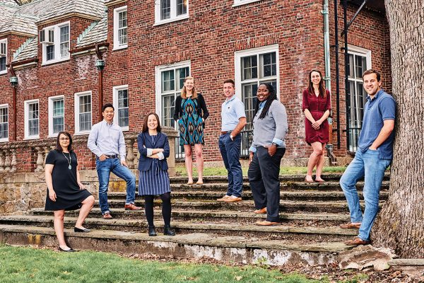The outgoing Class of 2017 editorial board of Boston College Law Review Volume 58 (from left): Amelia Wirts, James Bor, Hana Sahdev, Marnee Rand, Michael Hacker, Thanithia Billings, Erin Garrity, and Thomas Murphy.