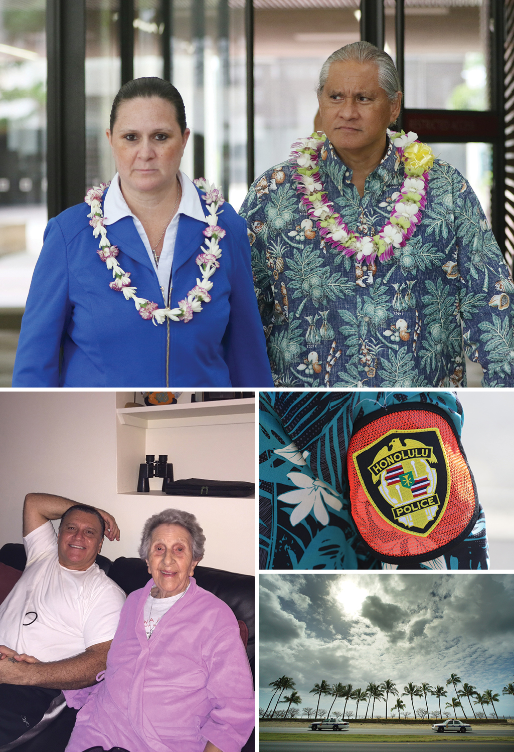 Clockwise, from top, city prosecutor Katherine Kealoha and former Honolulu Police Chief Louis Kealoha are accused of multiple crimes; symbols of the chief’s one-time empire; Gerard Puana and his mother, Florence.