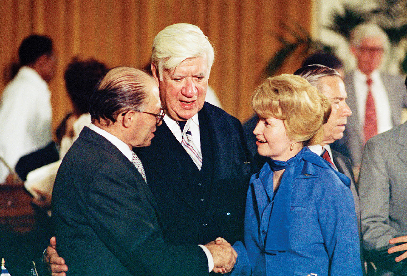 Rep. Margaret Heckler ’56 with Israeli Prime Minister Begin and Rep. O’Neill in 1979