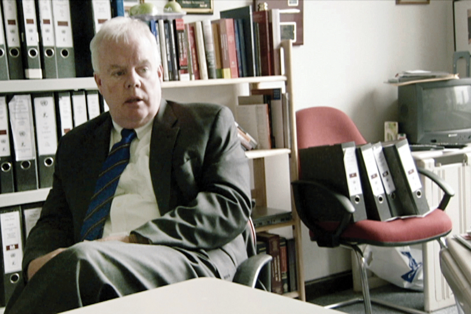 Dermot Groome ’85, pictured in a scene from Frontline’s documentary The Trial of Ratko Mladić.
