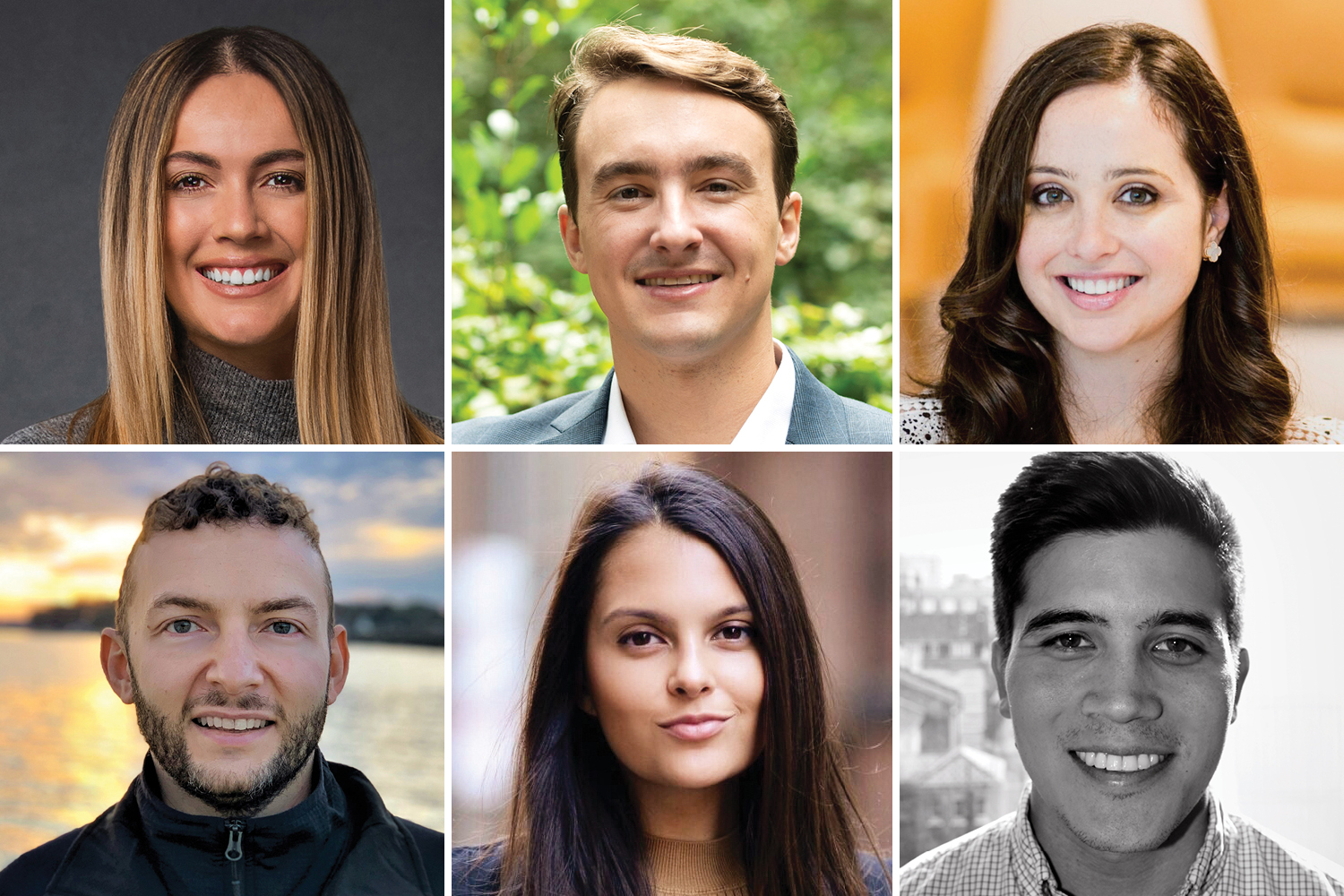 Clockwise, from top left: Jackie de la Rosa Kennedy ’13, Landon Stinson ’19, Rebecca Sawhney ’13, Alphonse Harris ’15, Britt St. George ’16, Stas Gayshan ’09